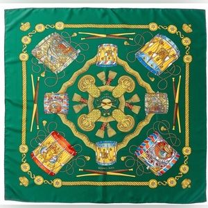 Vintage HERMES LES TAMBOURS Scarf Stole Green Women 90 *90 cm